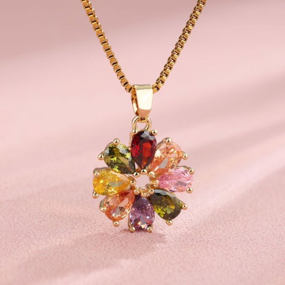 3/$35 18K Gold Plated Cubic Zirconia Flower Pendant Chain Necklace Steel - Picture 1 of 5